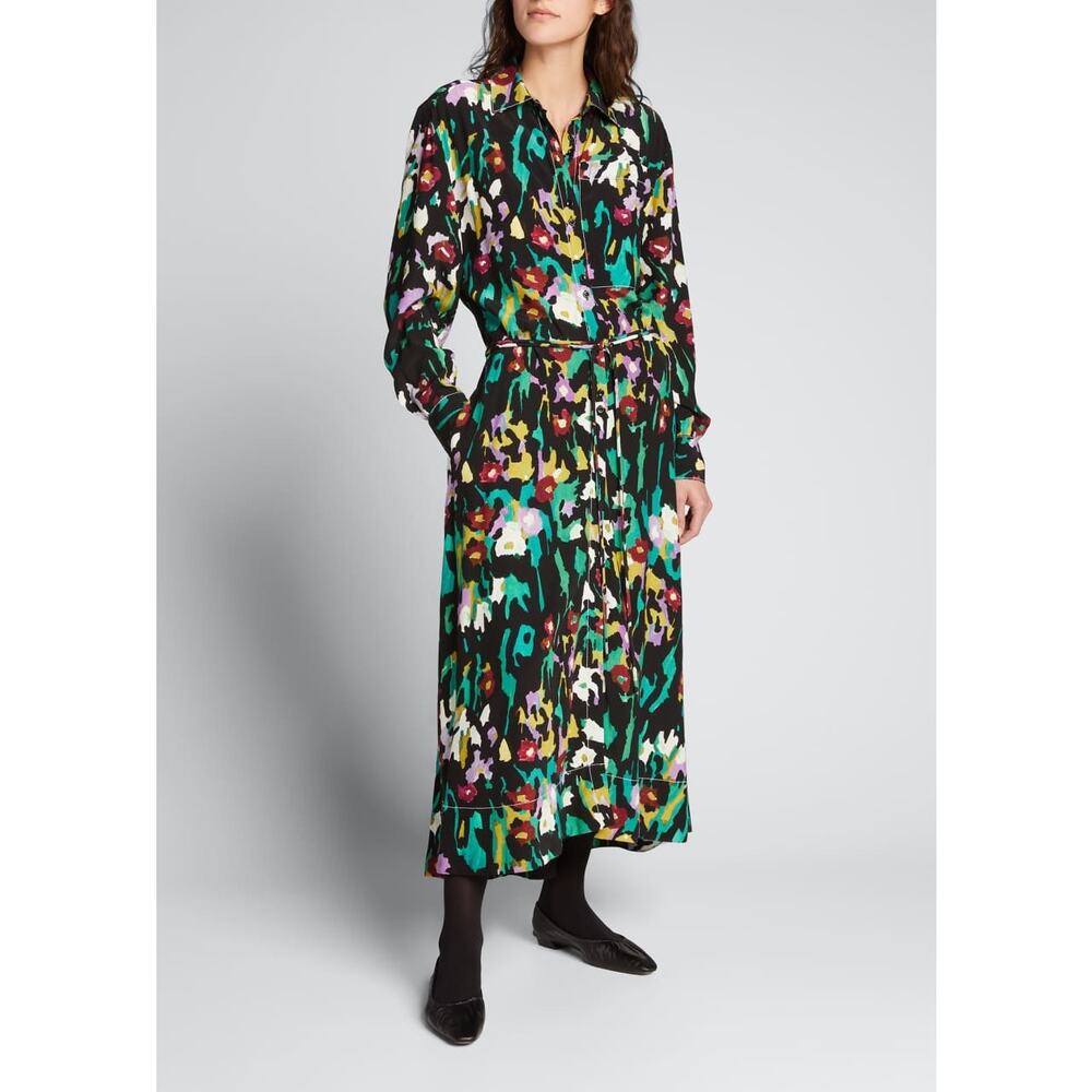 PROENZA SCHOULER White Label Green Floral Painted Print Pocket Shirtdress size 6